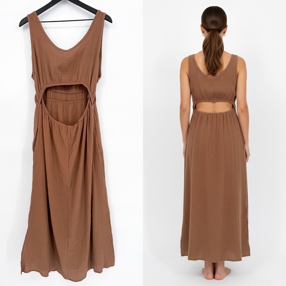 NWT Aemi+Co Midi Cut Out Dress Mocha Brown Cotton Gauze Large - Picture 8 of 15